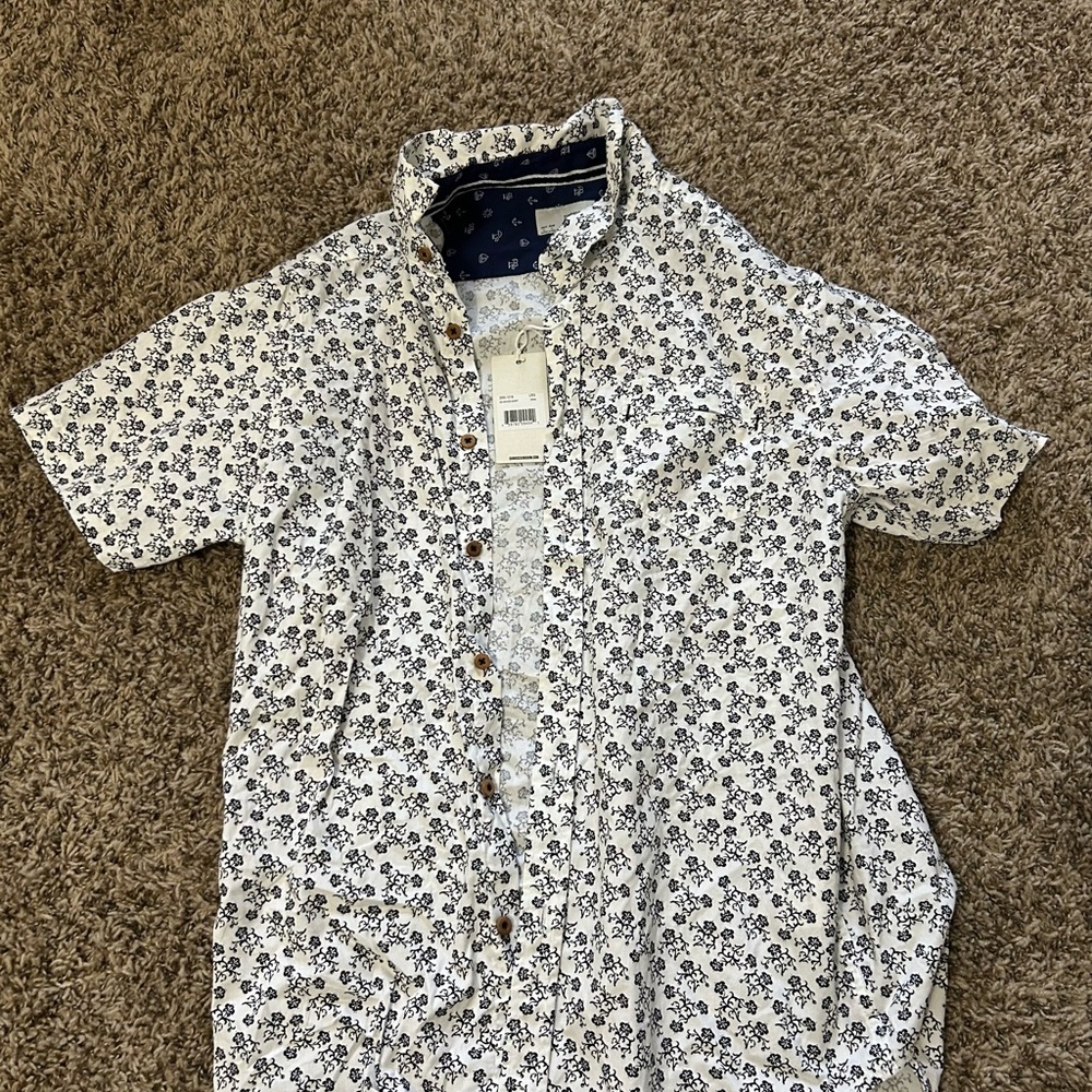 Casual White and Black Button Down Shirt with Floral Pattern